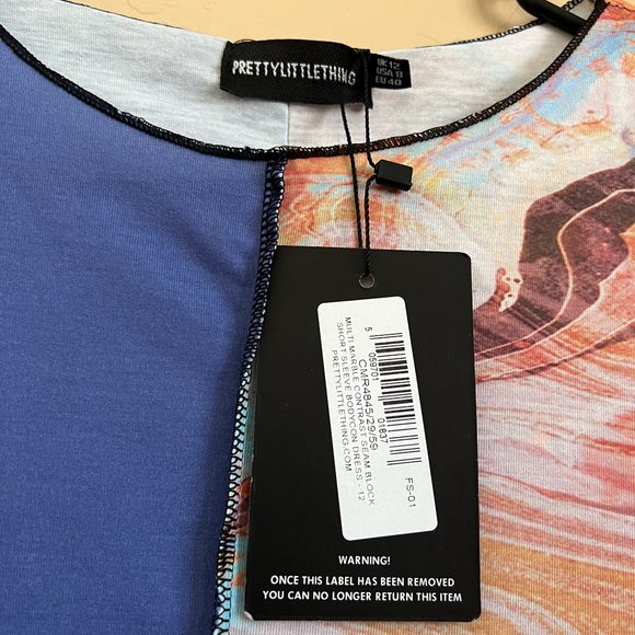 PrettyLittleThing MultiMarble Contrast Seam Block Short Sleeve Bodycon Dress Sz8 - Picture 3 of 6